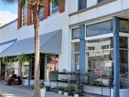 Building with Plate Glass Windows, Plants, Blue Awning, Palm Tree & Orange Riding Mower