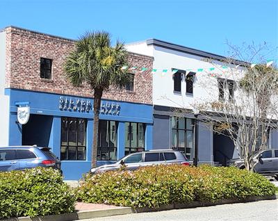 Blue and Red Brick Building with Silver Bluff Brewing Co sign next to White & Gray Building Palm tree and plants in foreground