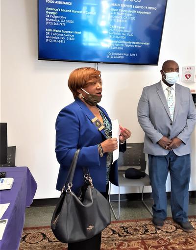 City Manager Regina McDuffie speaking at HRRP Outreach Center opening